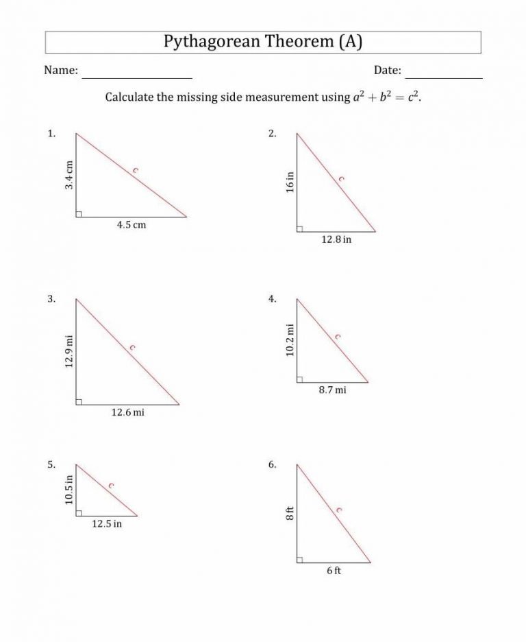 Pythagorean Theorem & Definition With Worksheet Example