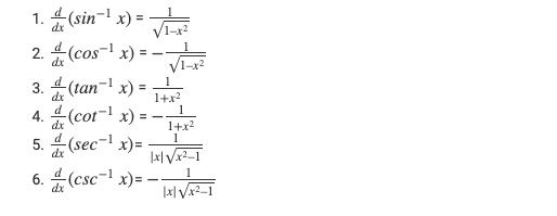 Differentiation Formulas for Inverse Trigonometric Functions